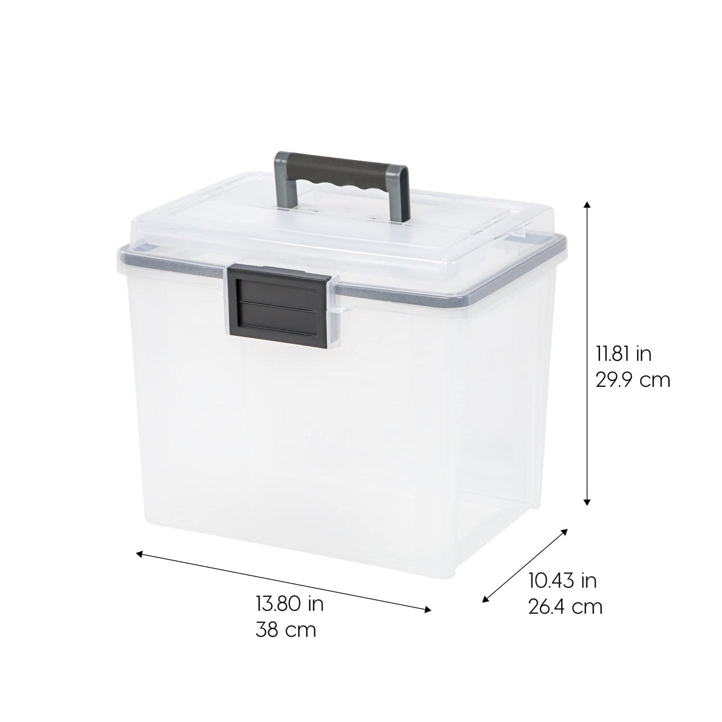 IRIS USA File Box with Lid File Organizer for Letter File w/ Organizer-Lid, Plastic Mobile Filing Organizer, Water Resistant Document Box, Portable File Box with Handle, Secure Buckle, Lockable, Black
