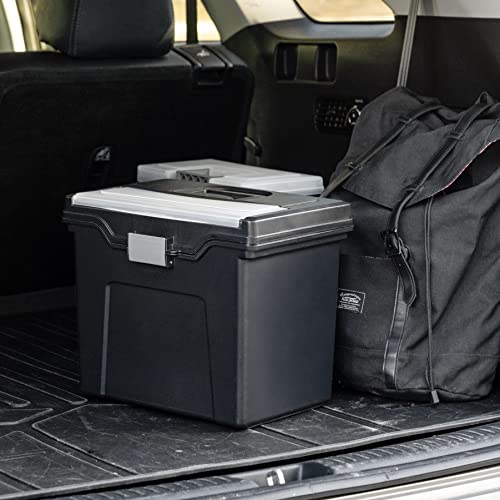 IRIS USA File Box with Lid File Organizer for Letter File w/ Organizer-Lid, Plastic Mobile Filing Organizer, Water Resistant Document Box, Portable File Box with Handle, Secure Buckle, Lockable, Black