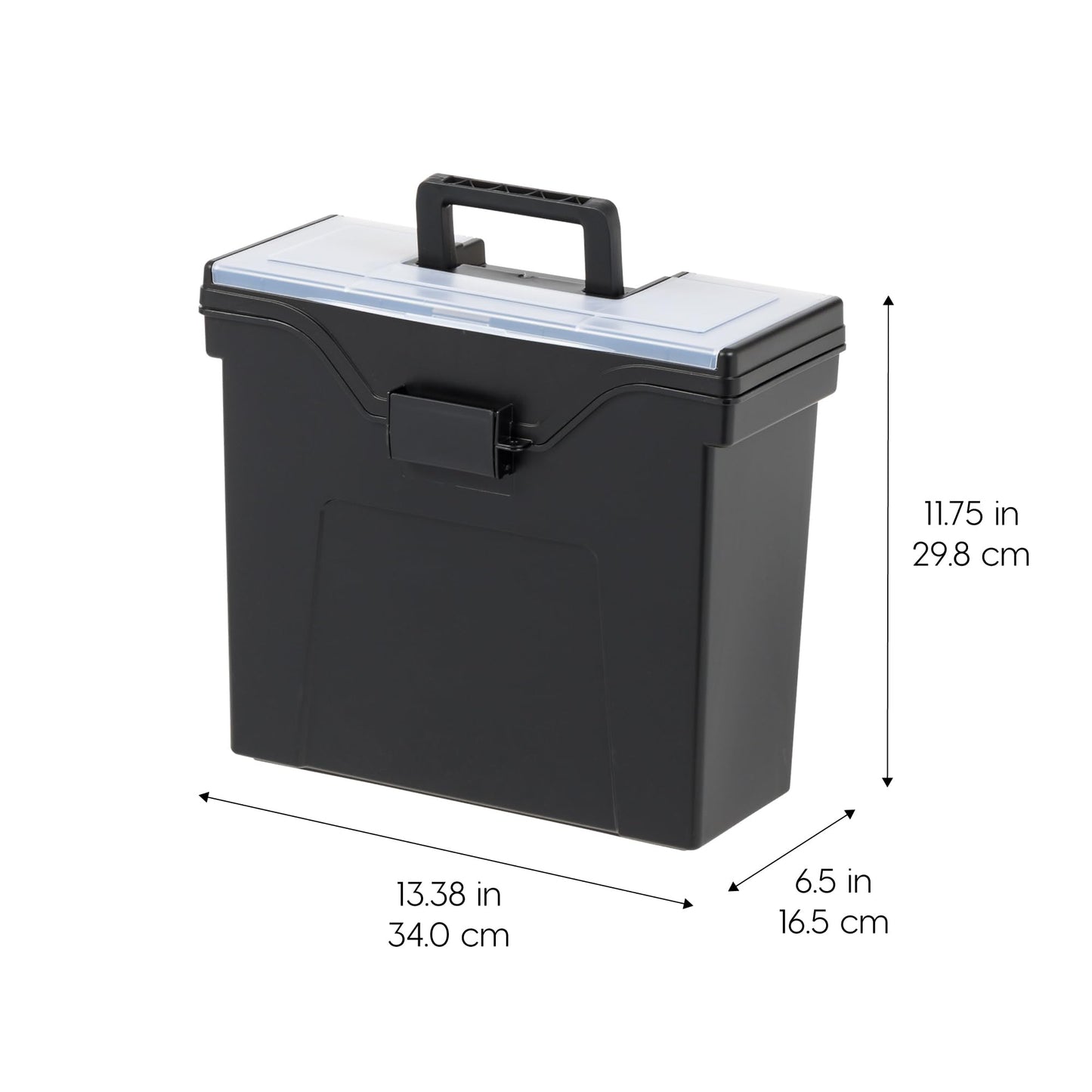 IRIS USA File Box with Lid File Organizer for Letter File w/ Organizer-Lid, Plastic Mobile Filing Organizer, Water Resistant Document Box, Portable File Box with Handle, Secure Buckle, Lockable, Black