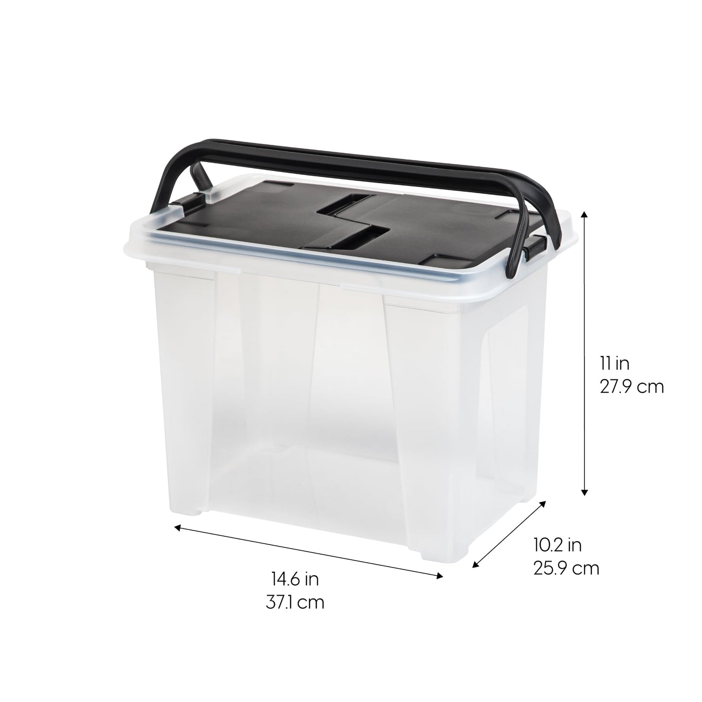 IRIS USA File Box with Lid File Organizer for Letter File w/ Organizer-Lid, Plastic Mobile Filing Organizer, Water Resistant Document Box, Portable File Box with Handle, Secure Buckle, Lockable, Black