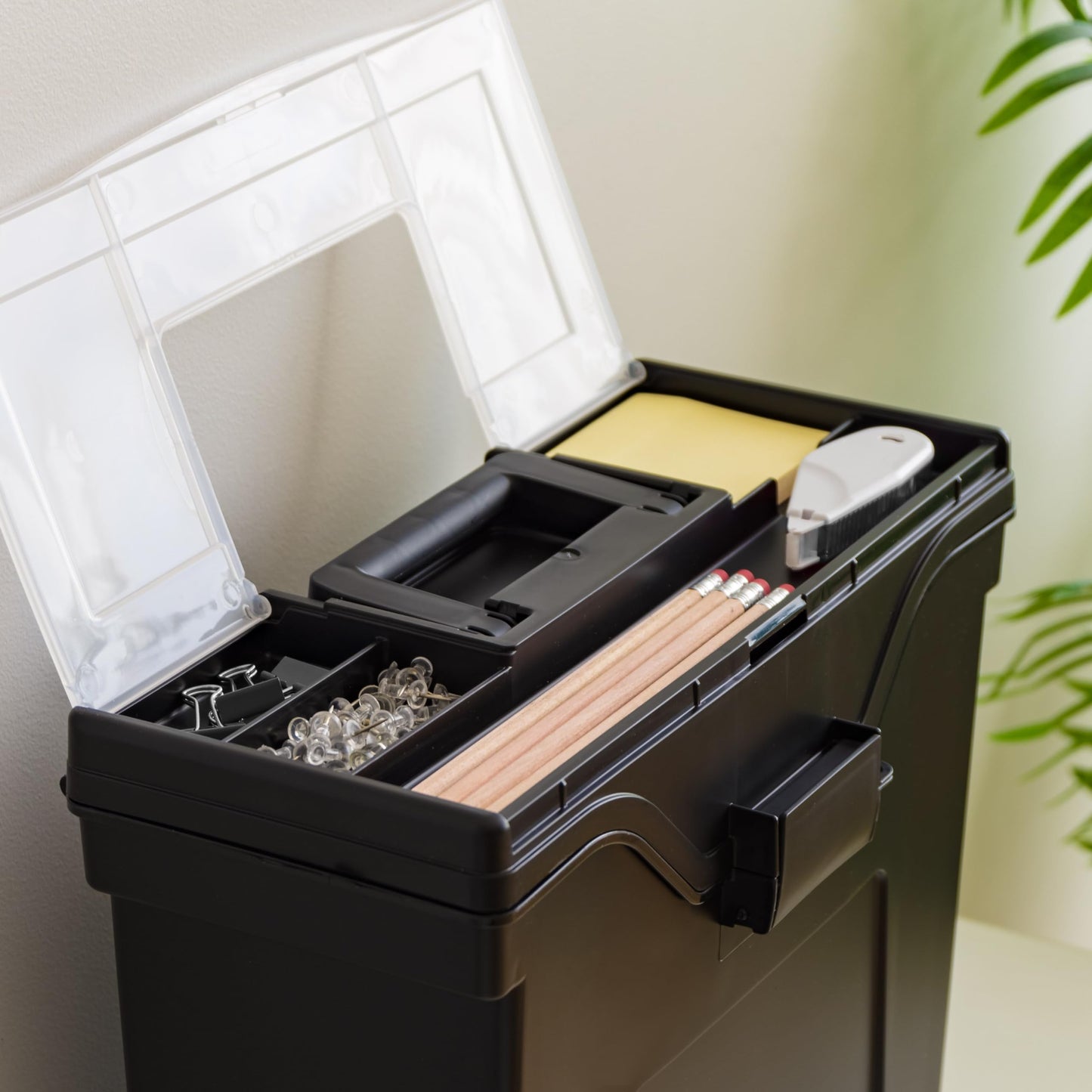 IRIS USA File Box with Lid File Organizer for Letter File w/ Organizer-Lid, Plastic Mobile Filing Organizer, Water Resistant Document Box, Portable File Box with Handle, Secure Buckle, Lockable, Black