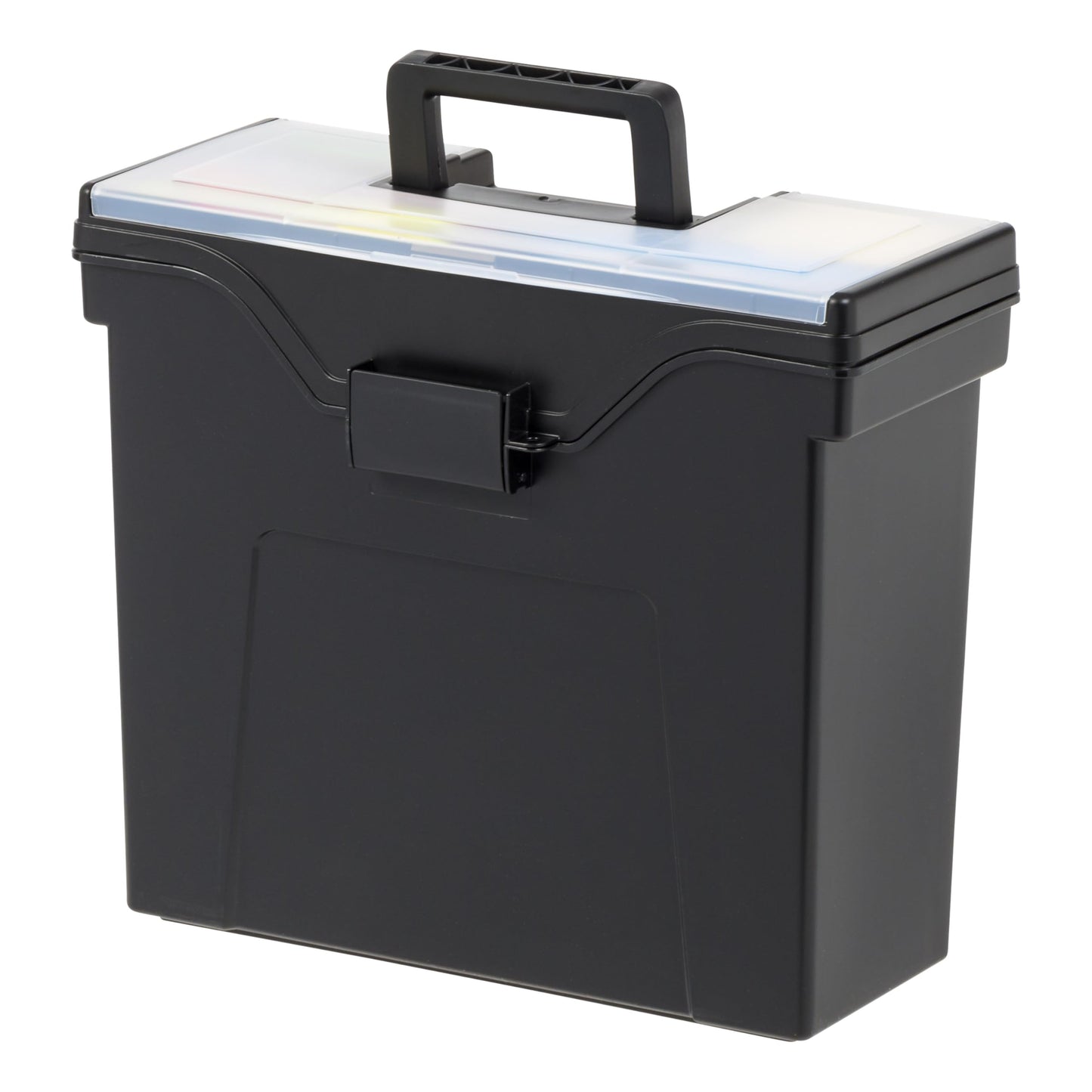 IRIS USA File Box with Lid File Organizer for Letter File w/ Organizer-Lid, Plastic Mobile Filing Organizer, Water Resistant Document Box, Portable File Box with Handle, Secure Buckle, Lockable, Black