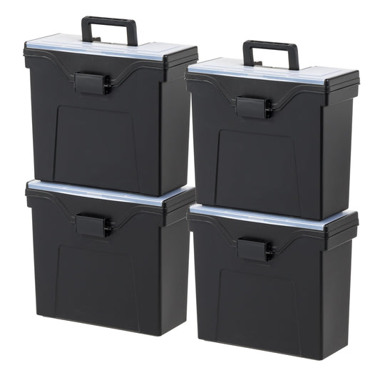 IRIS USA File Box with Lid File Organizer for Letter File w/ Organizer-Lid, Plastic Mobile Filing Organizer, Water Resistant Document Box, Portable File Box with Handle, Secure Buckle, Lockable, Black