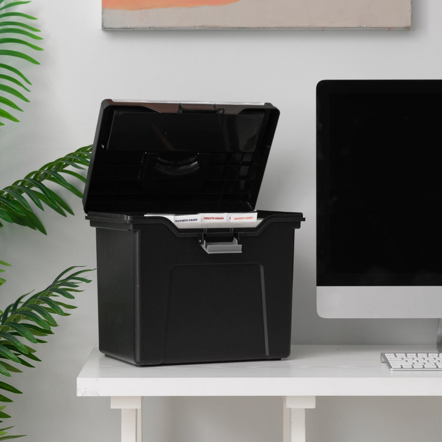 IRIS USA File Box with Lid File Organizer for Letter File w/ Organizer-Lid, Plastic Mobile Filing Organizer, Water Resistant Document Box, Portable File Box with Handle, Secure Buckle, Lockable, Black
