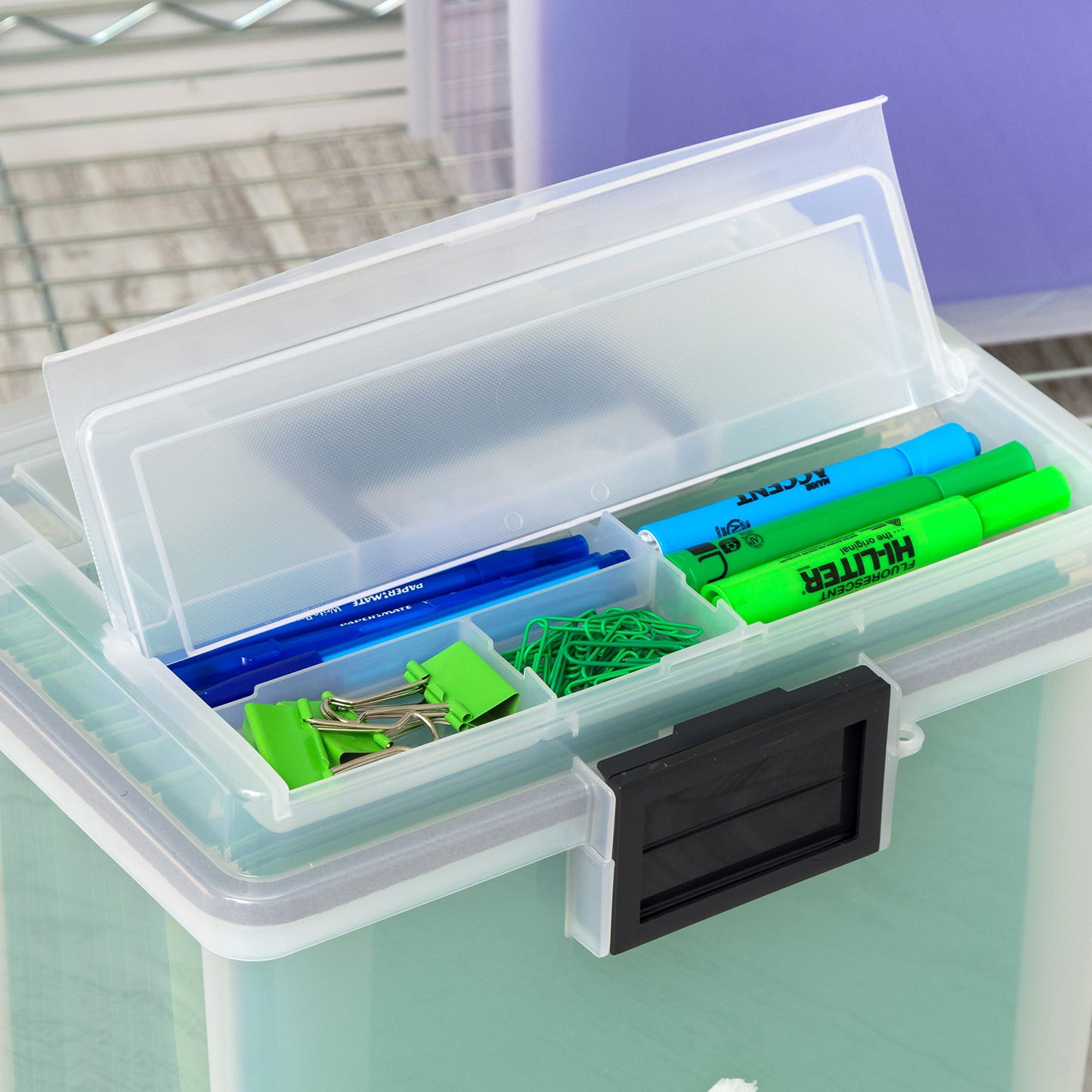 IRIS USA File Box with Lid File Organizer for Letter File w/ Organizer-Lid, Plastic Mobile Filing Organizer, Water Resistant Document Box, Portable File Box with Handle, Secure Buckle, Lockable, Black