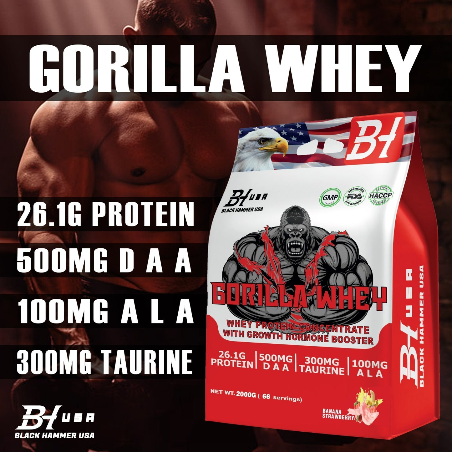 🔥3xDhey Protein GORILLA 6000G (3x2000G)-🍓🍌Banana Strawberry- Black Hammer USA💪