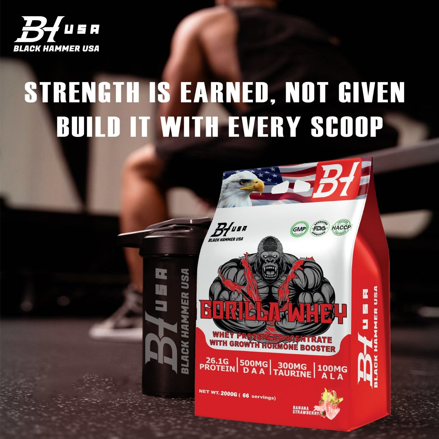 🔥3xDhey Protein GORILLA 6000G (3x2000G)-🍓🍌Banana Strawberry- Black Hammer USA💪