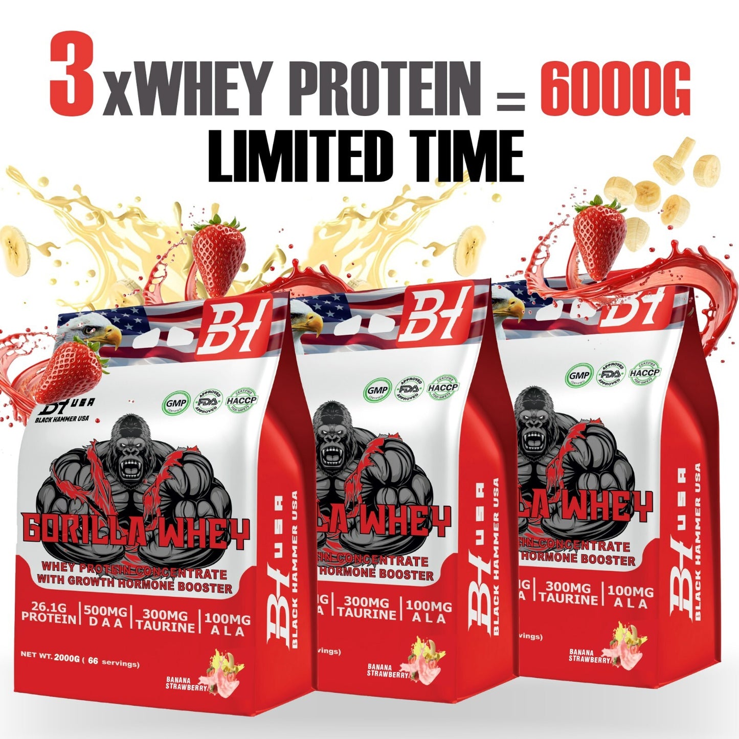 🔥3xDhey Protein GORILLA 6000G (3x2000G)-🍓🍌Banana Strawberry- Black Hammer USA💪