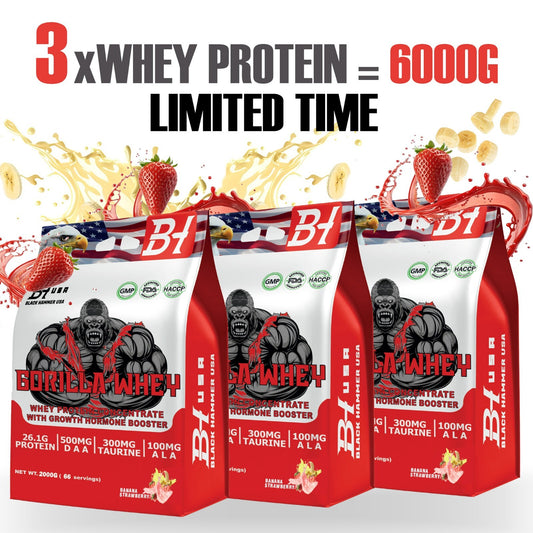 🔥3xDhey Protein GORILLA 6000G (3x2000G)-🍓🍌Banana Strawberry- Black Hammer USA💪